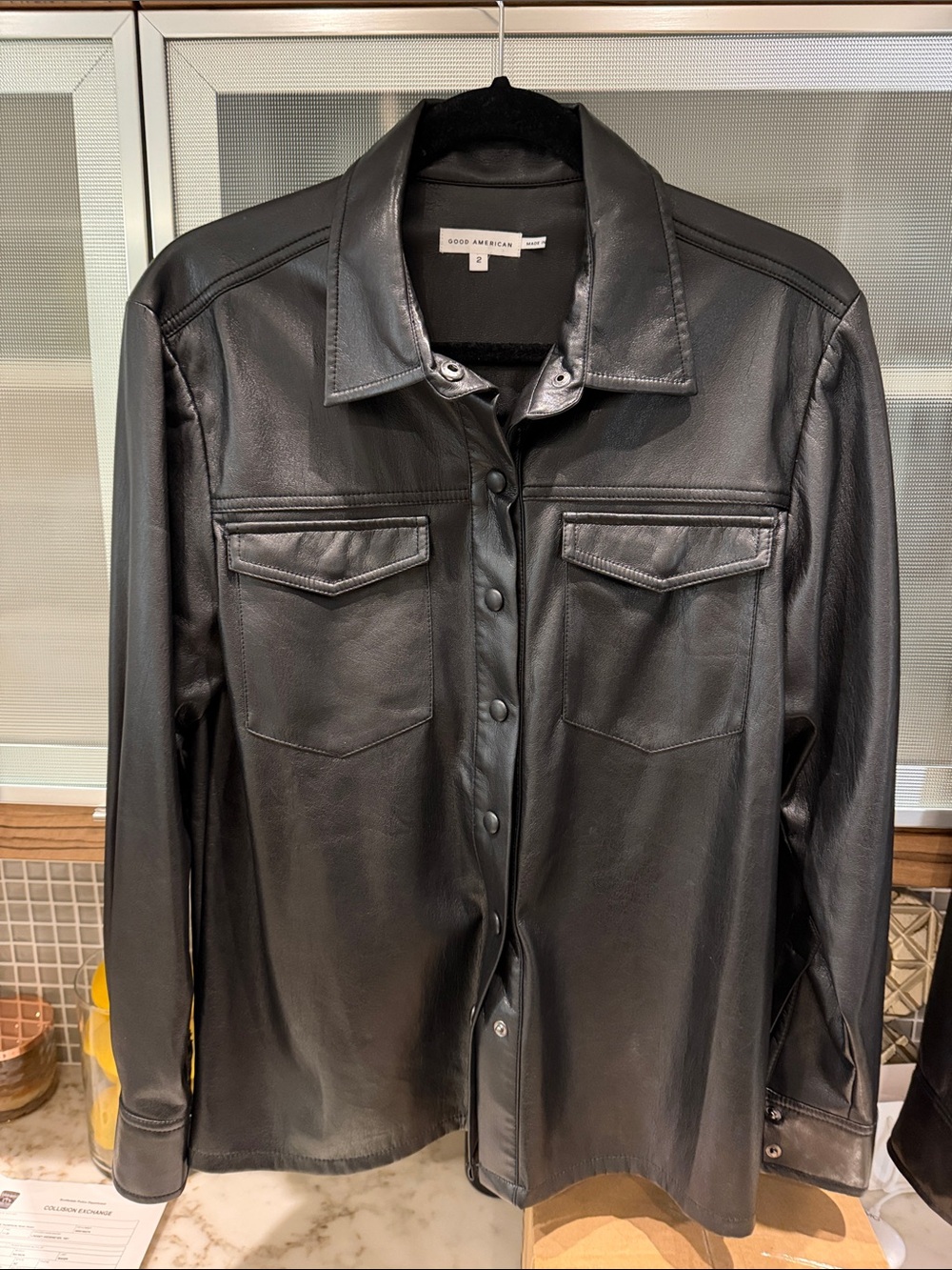 Good American Black Leather Button-Front Shacket, Size 2